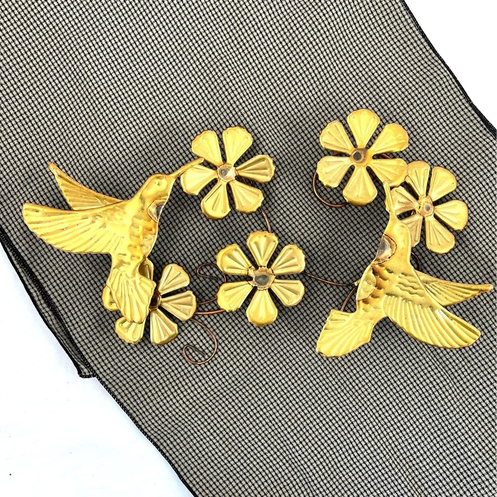 Two Brass Hummingbird Flower Wall Art Set 3D (3335)